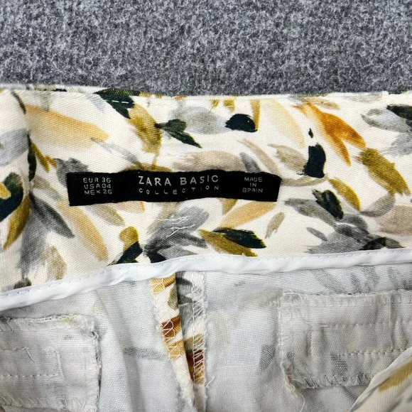Zara Basic Pants Womens 4 Yellow Leaf Print Slim Ankle Chino Trousers Cotton - Picture 8 of 16